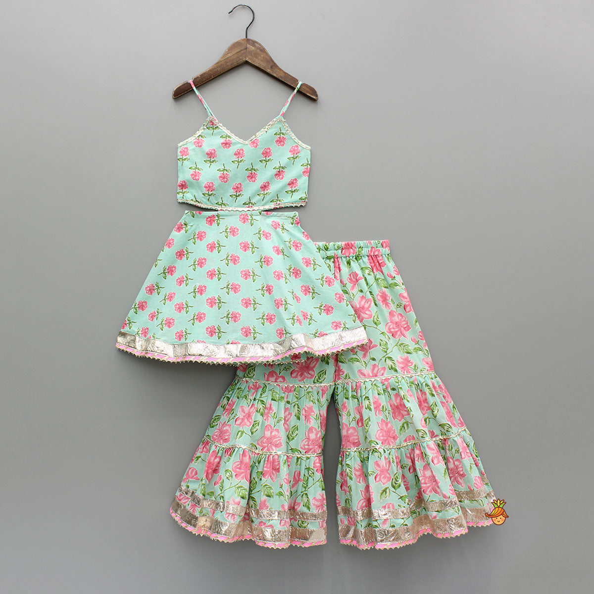 Floral Printed Stylish Backless Kurti With Sharara And Dupatta