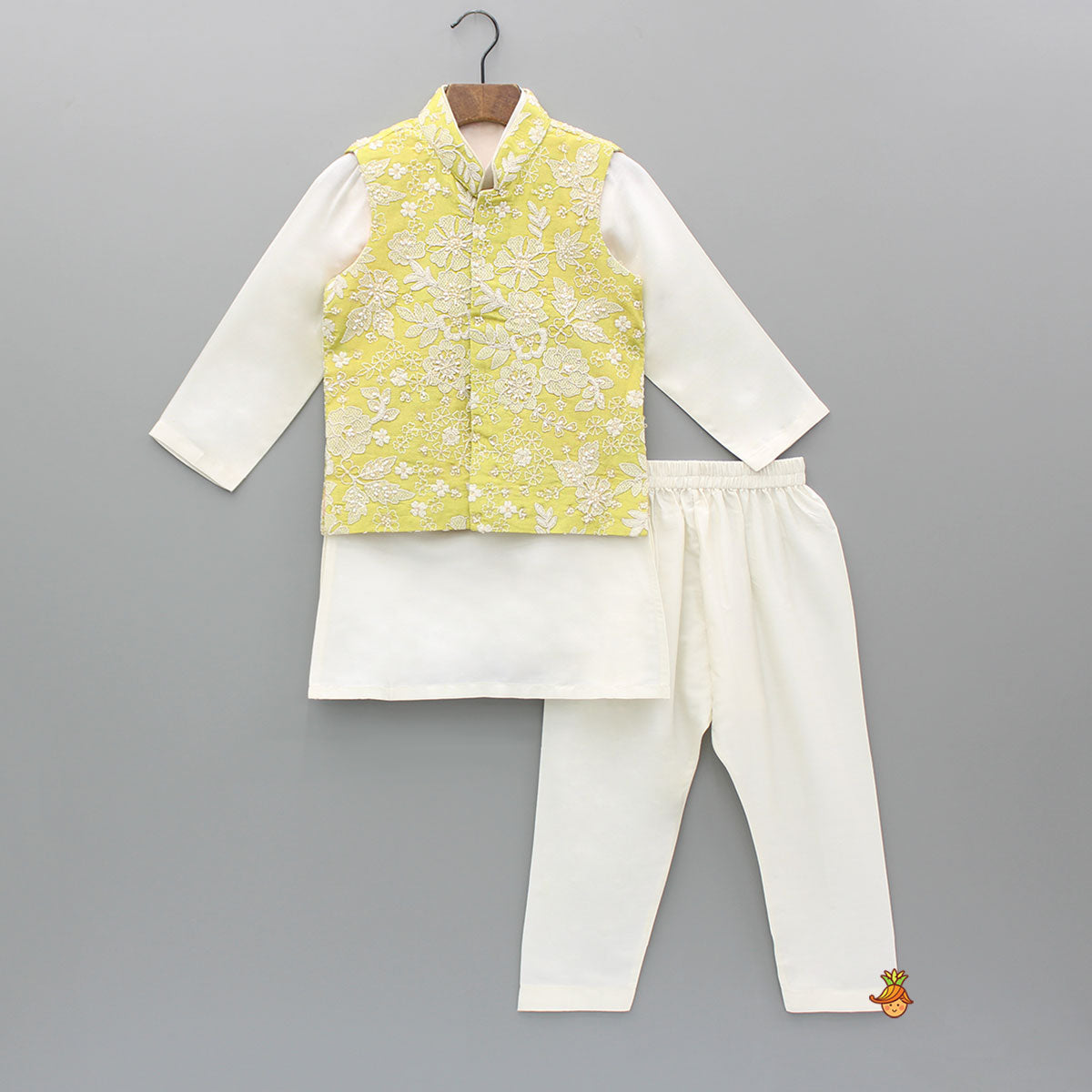 Yellow Embroidered Jacket With Off White Kurta And Pyjama