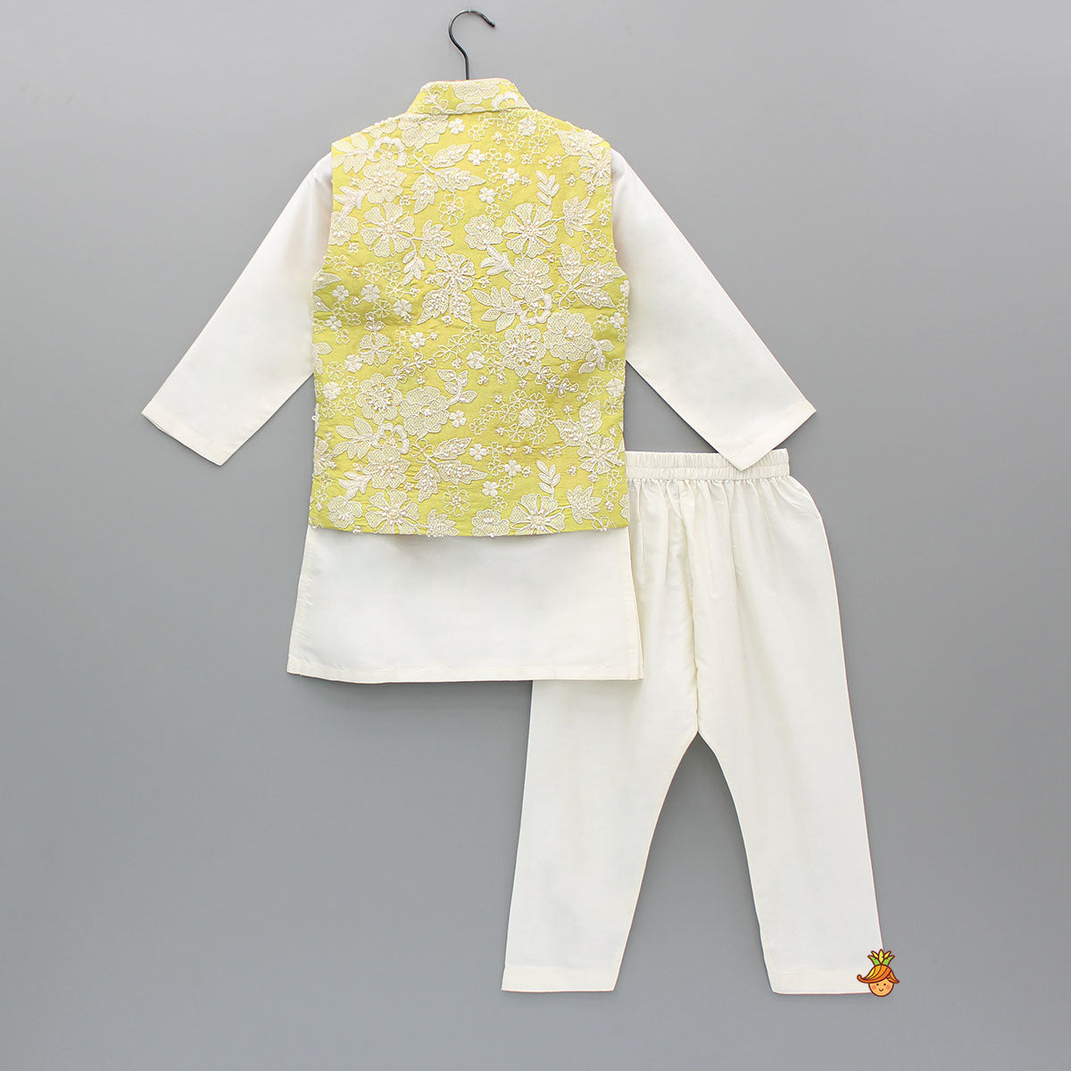 Yellow Embroidered Jacket With Off White Kurta And Pyjama