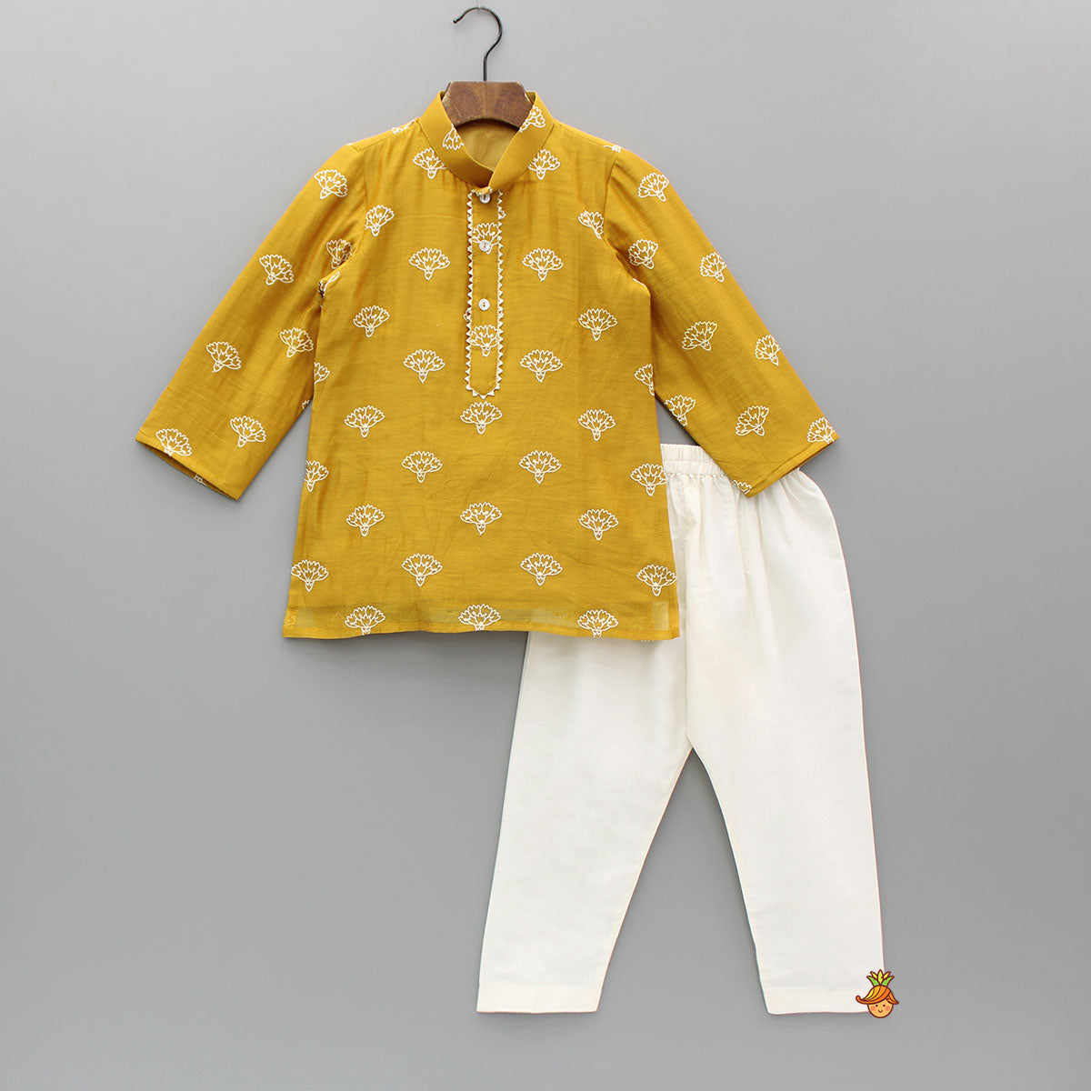 Chanderi Embroidered Mustard Kurta And Pyjama