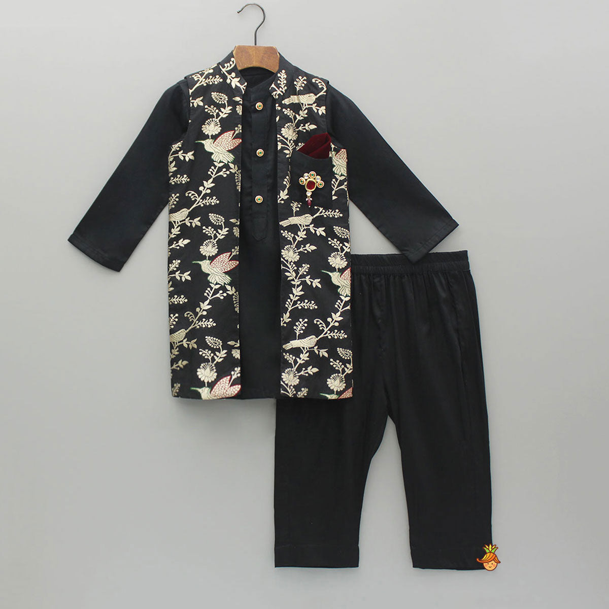 Black Kurta With Embroidered Jacket And Pyjama