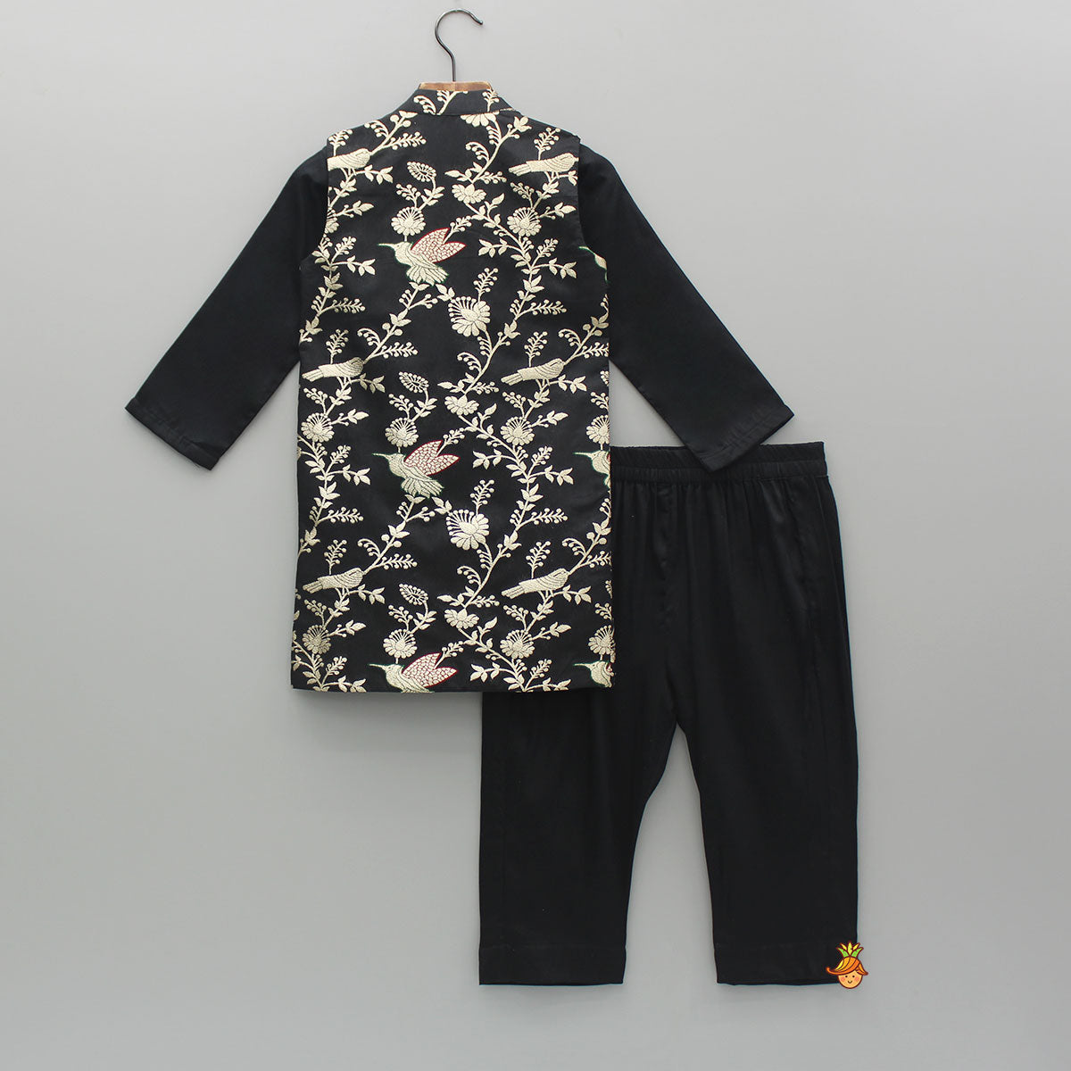 Black Kurta With Embroidered Jacket And Pyjama