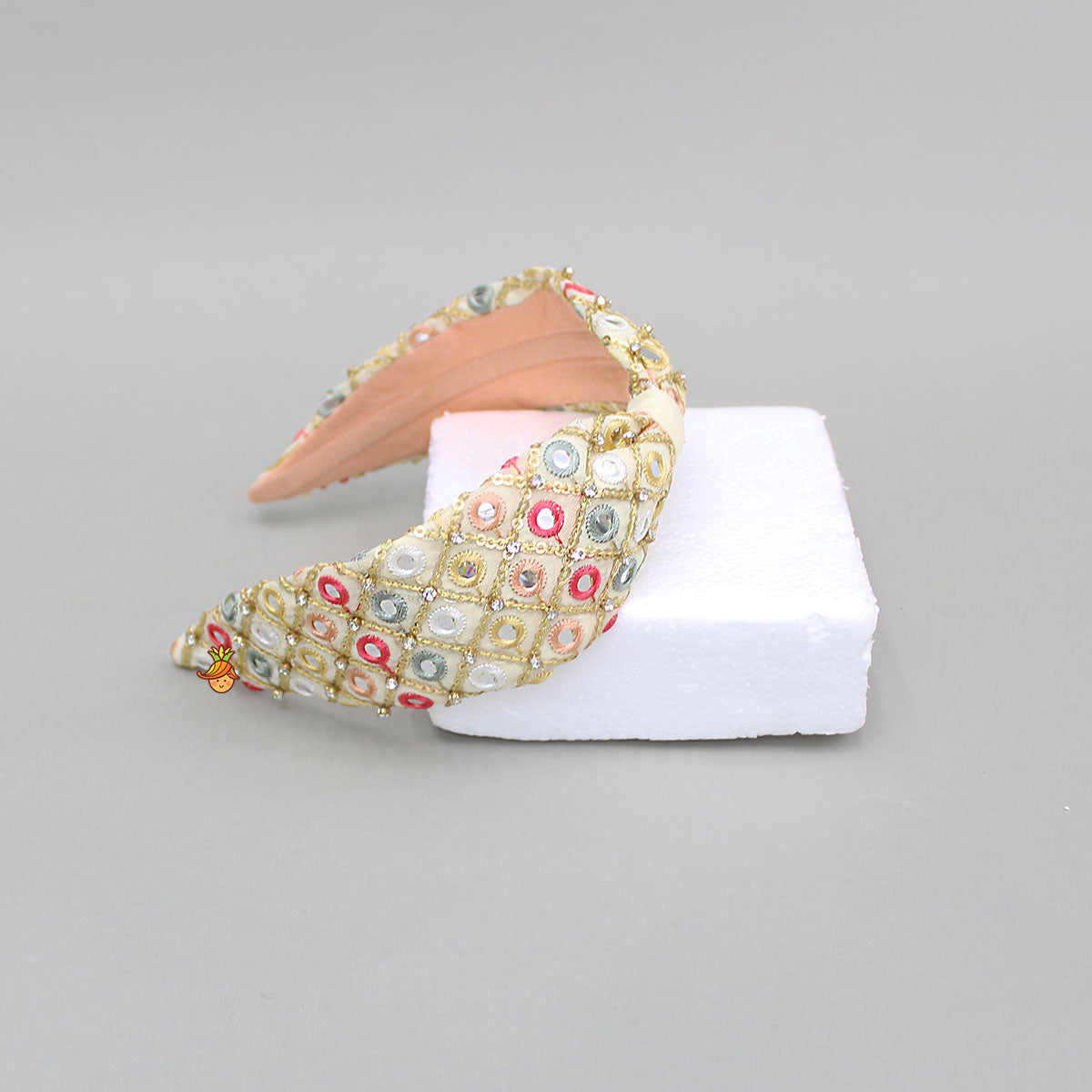 Beige Multicolour Faux Mirror Embroidered Hairband