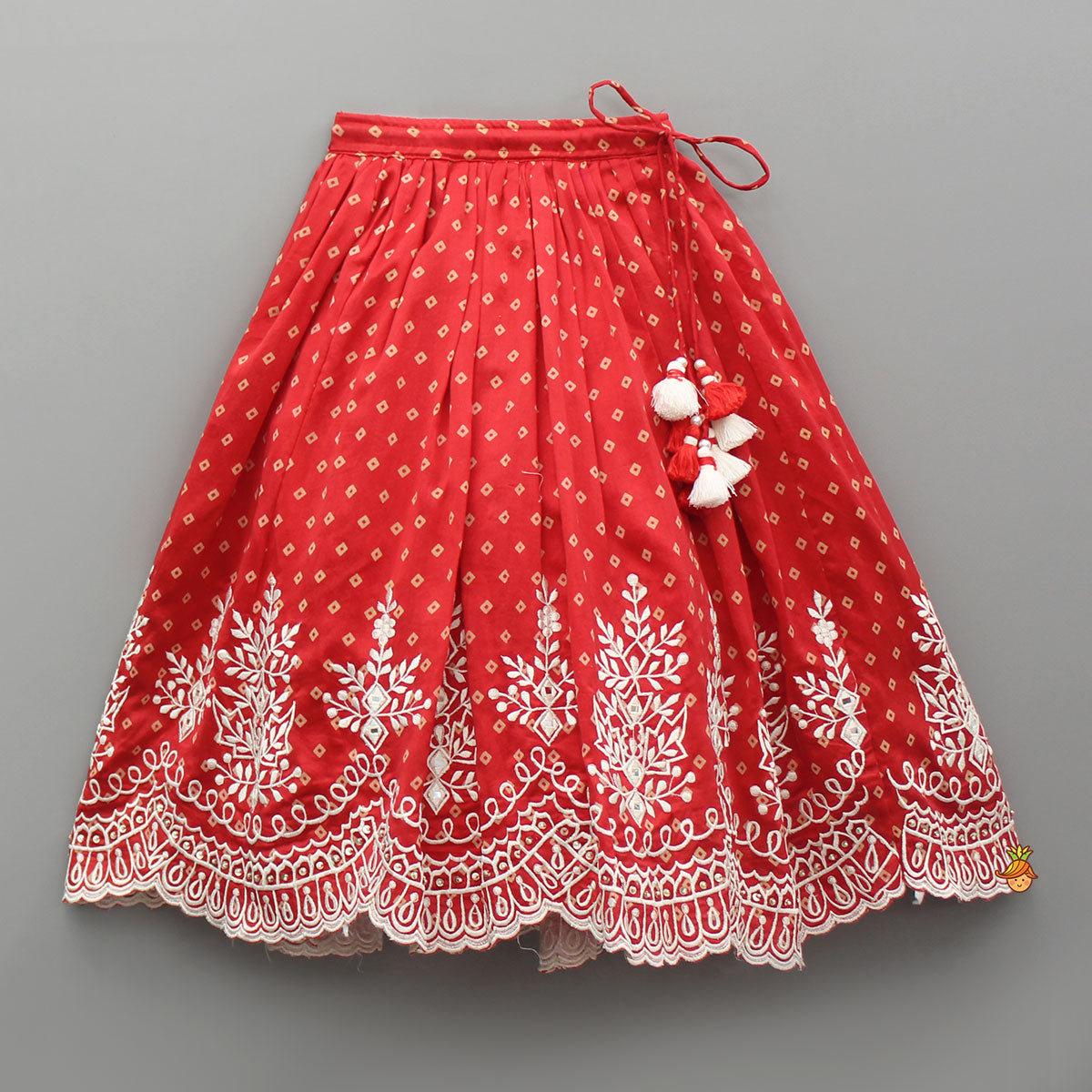 Red Chanderi Printed Ruffled Top And Embroidered Lehenga