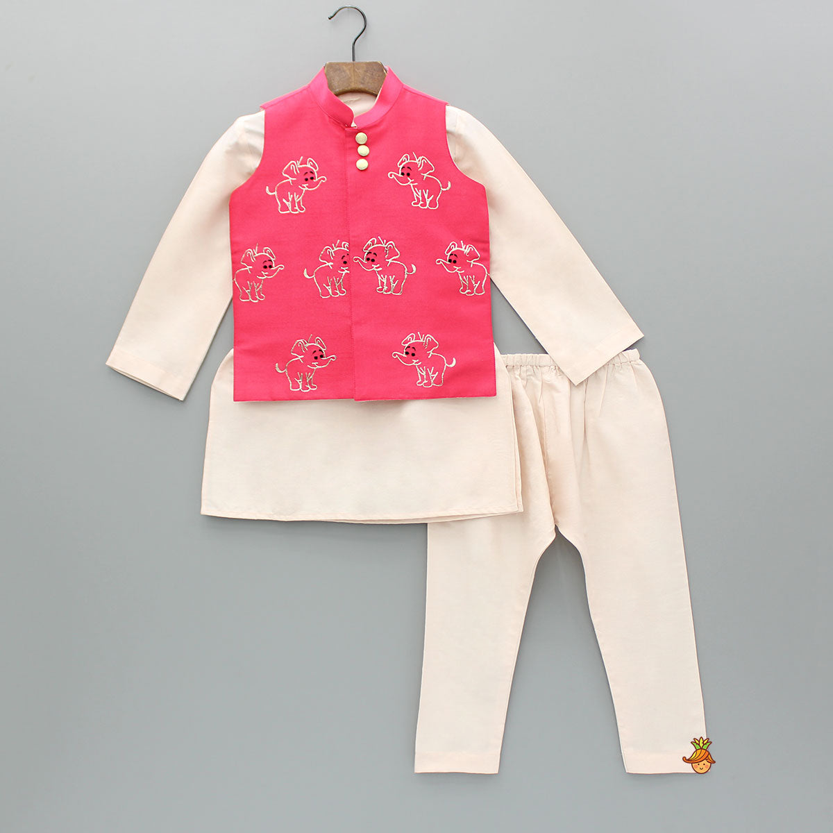 Plain Kurta With Embroidered Pink Jacket And Pyjama