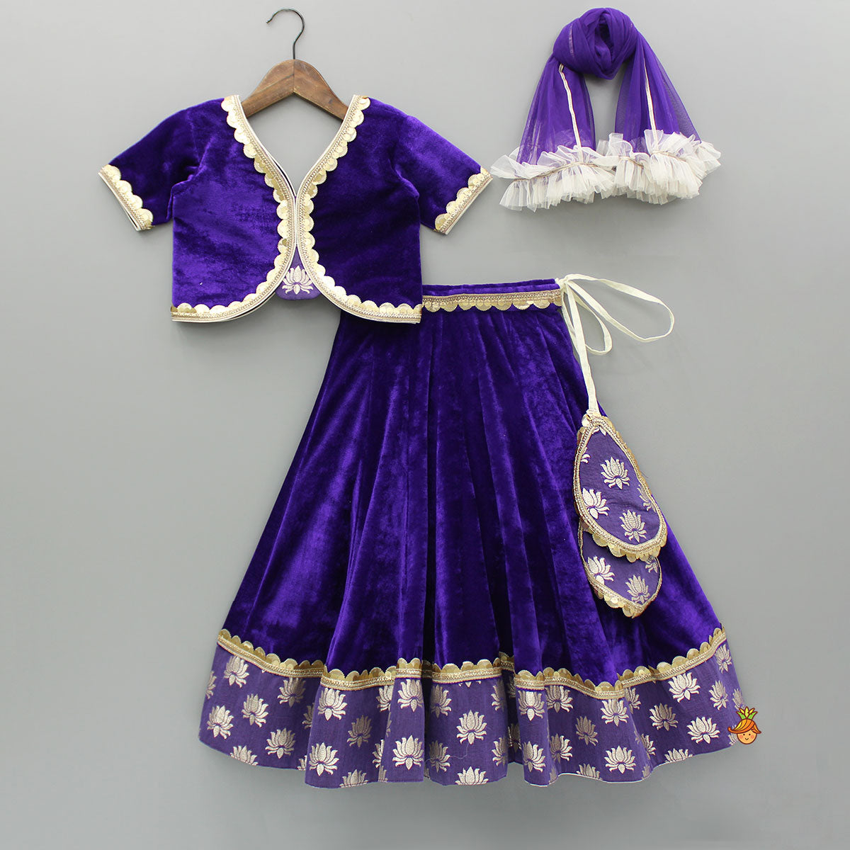 Purple Velvet Lace Detailed Top And Lehenga With Dupatta