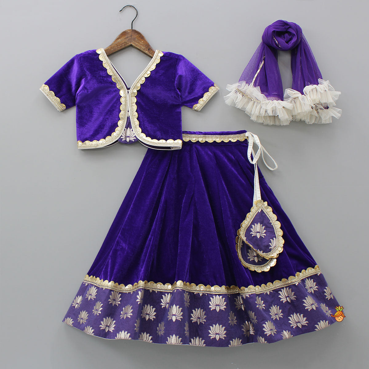 Purple Velvet Lace Detailed Top And Lehenga With Dupatta