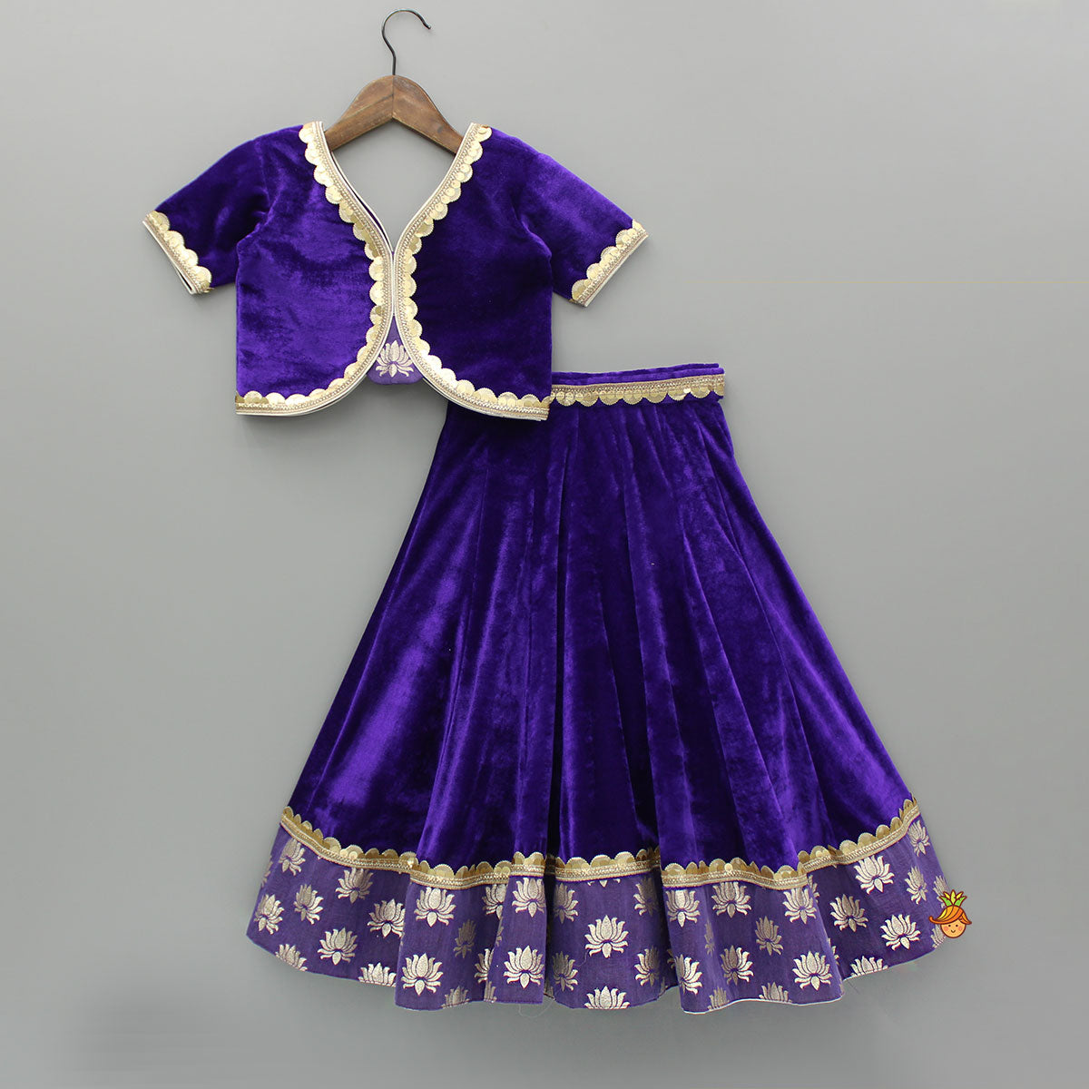 Purple Velvet Lace Detailed Top And Lehenga With Dupatta