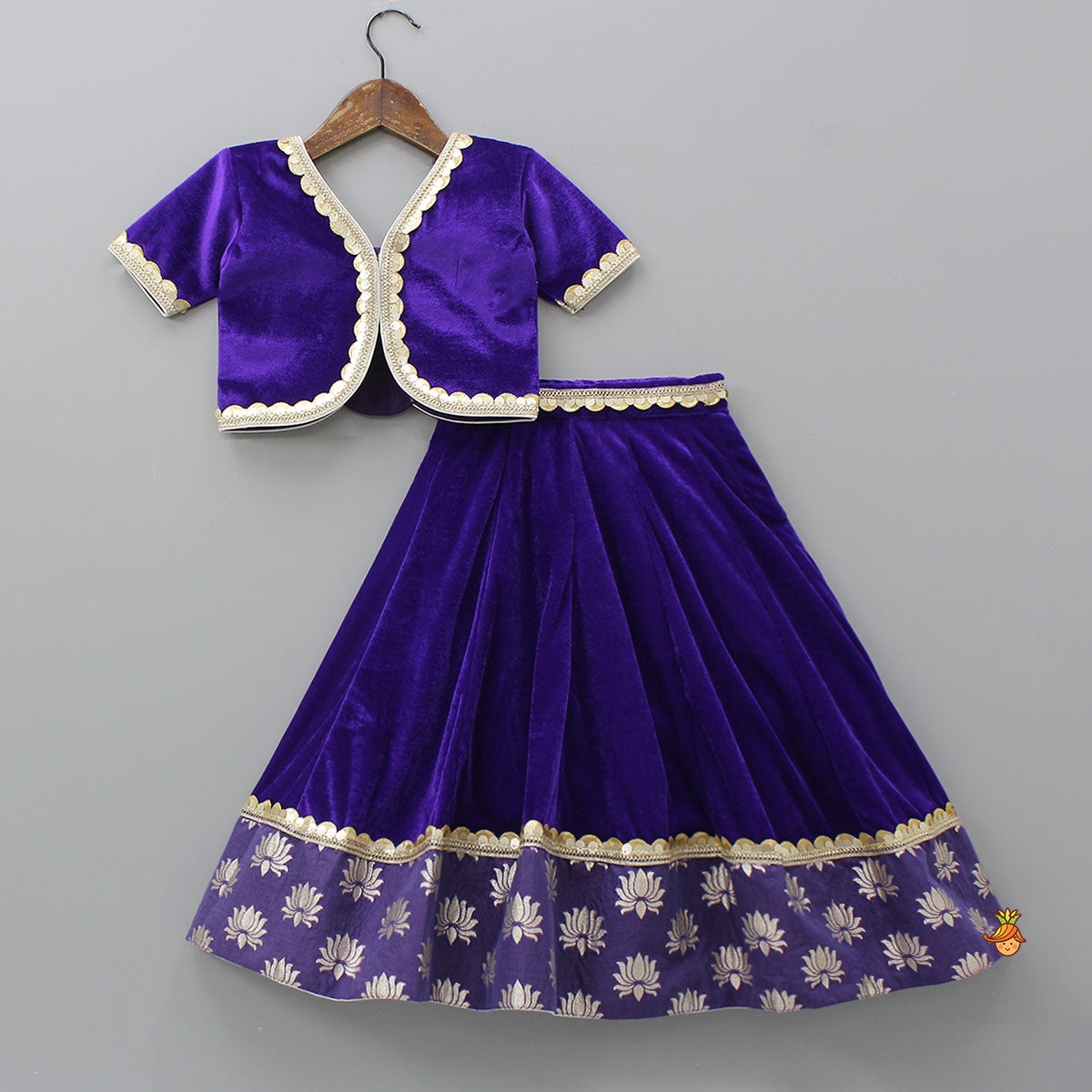 Purple Velvet Lace Detailed Top And Lehenga With Dupatta
