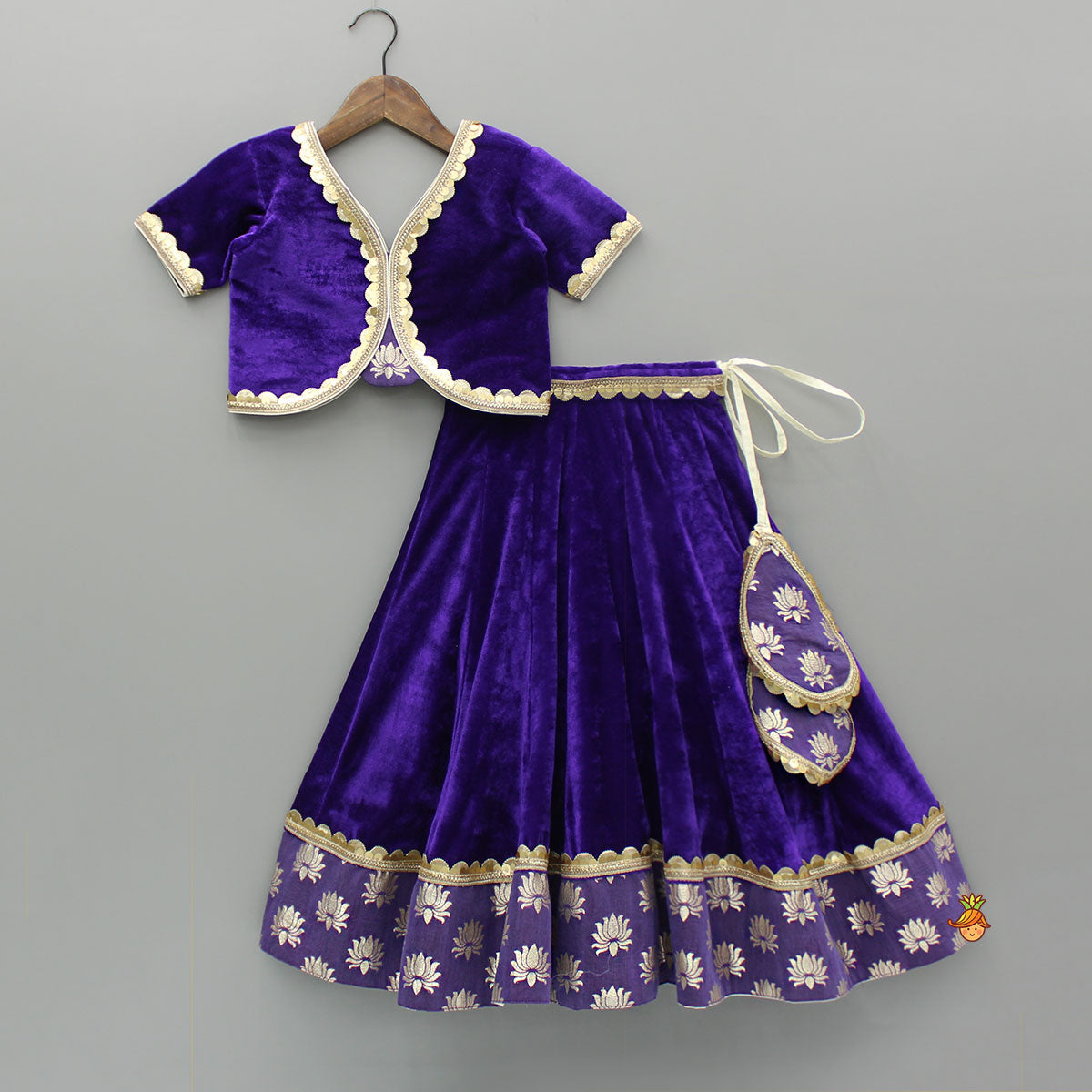 Purple Velvet Lace Detailed Top And Lehenga With Dupatta