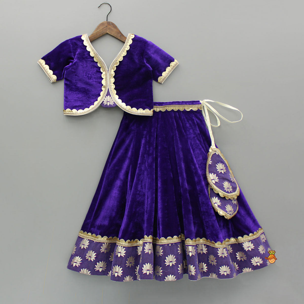 Purple Velvet Lace Detailed Top And Lehenga With Dupatta