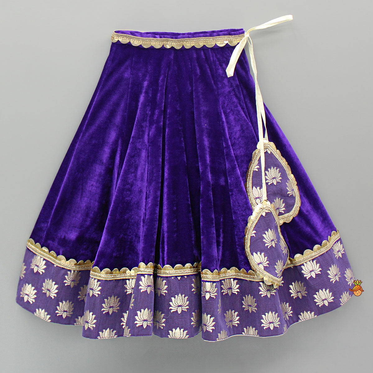 Purple Velvet Lace Detailed Top And Lehenga With Dupatta