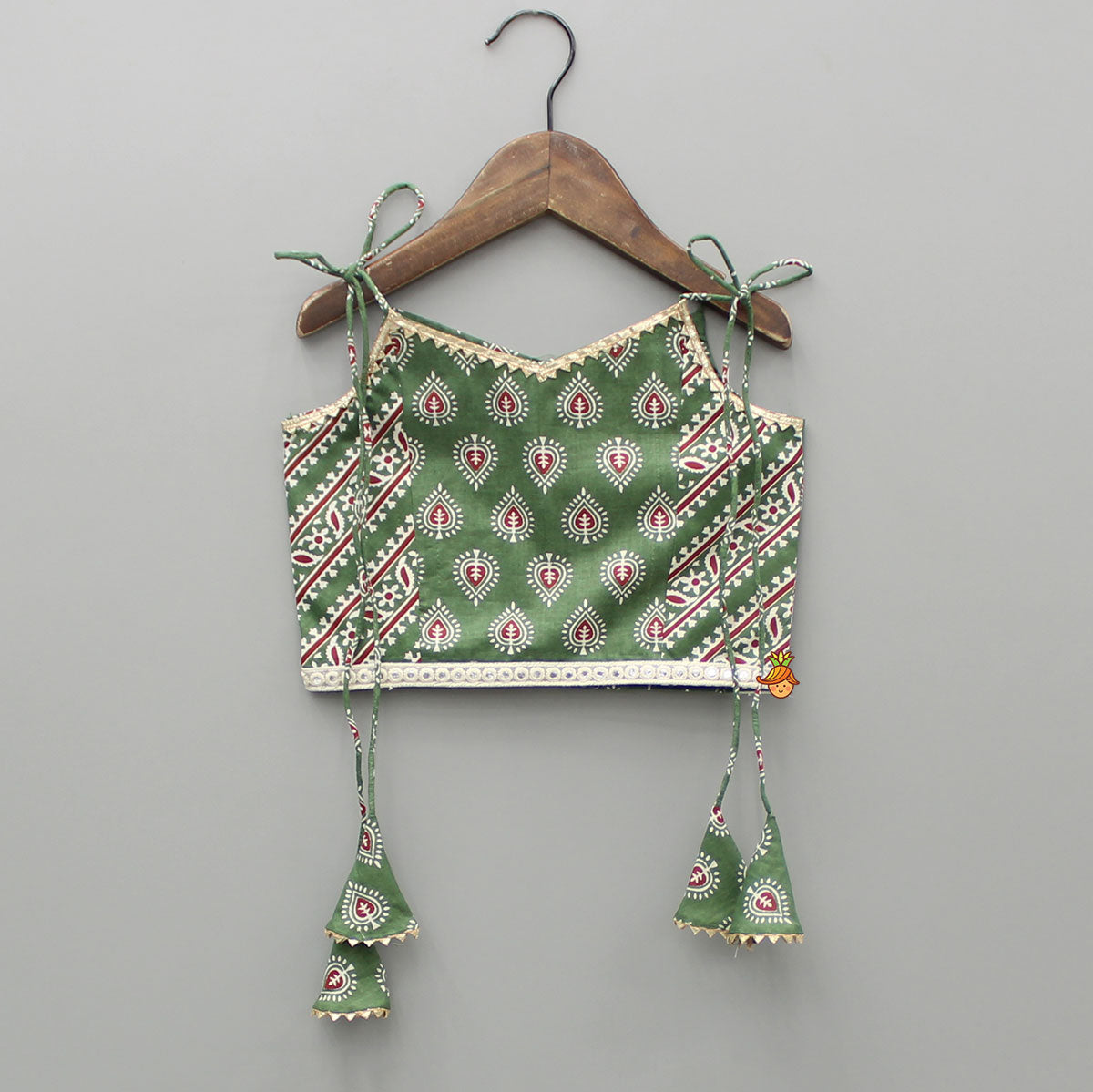 Green Printed Tie Up Strap Top And Lehenga