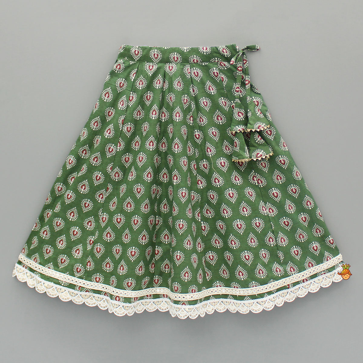 Green Printed Tie Up Strap Top And Lehenga