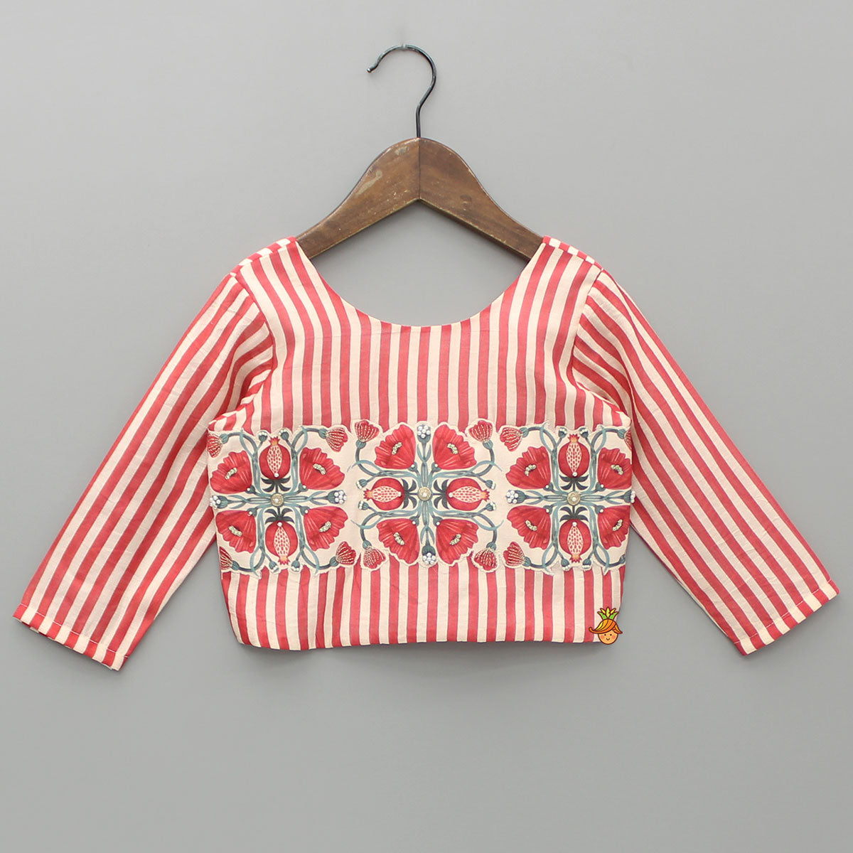 Red Striped Top With Printed Embroidered Patch And Palazzo