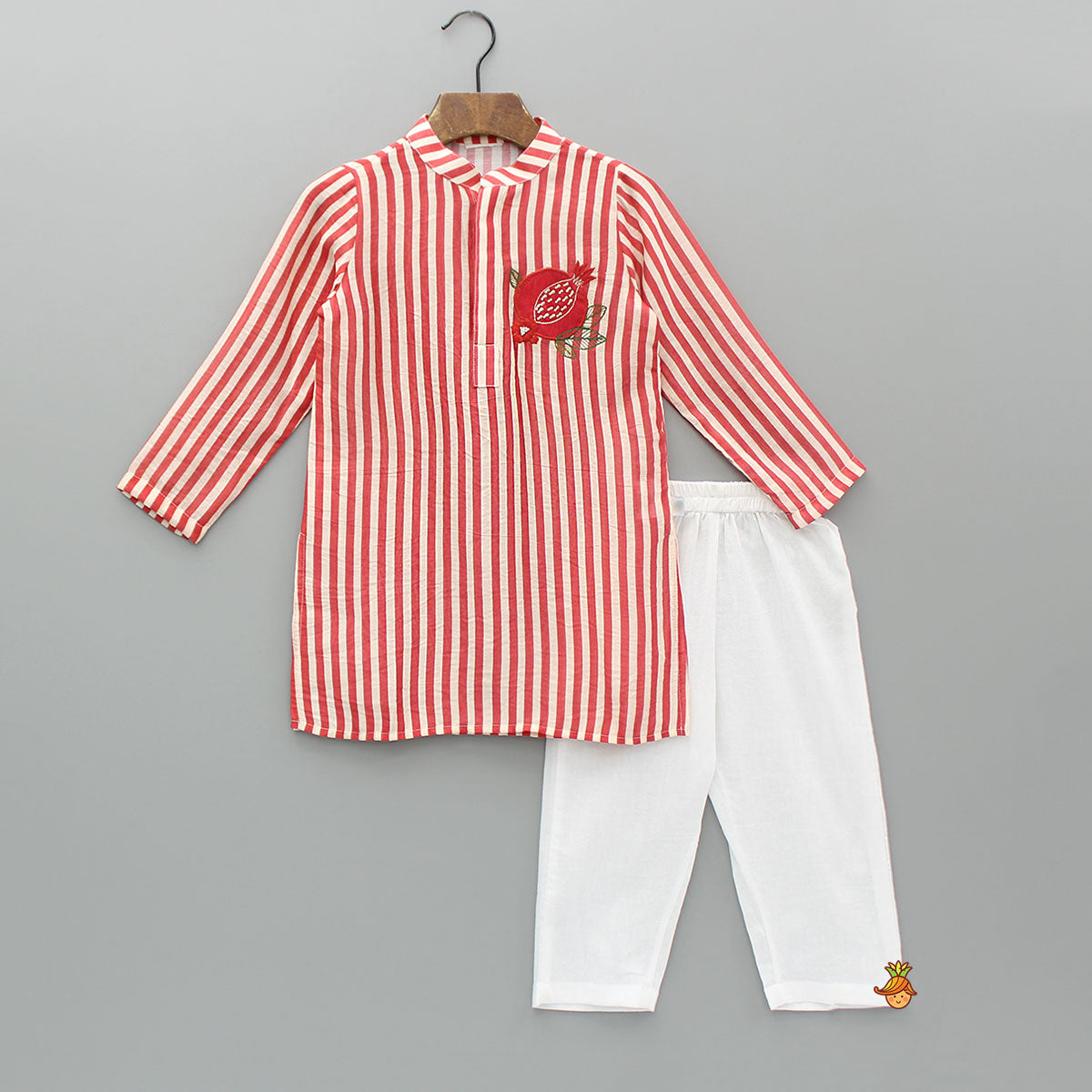 Red Striped Kurta With Embroidered Patch And Pyjama