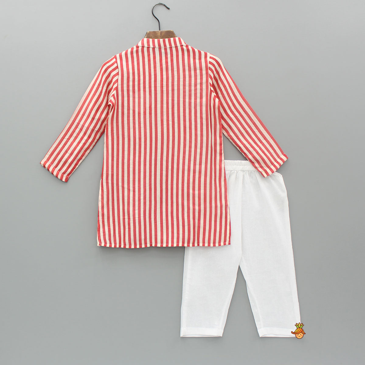 Red Striped Kurta With Embroidered Patch And Pyjama