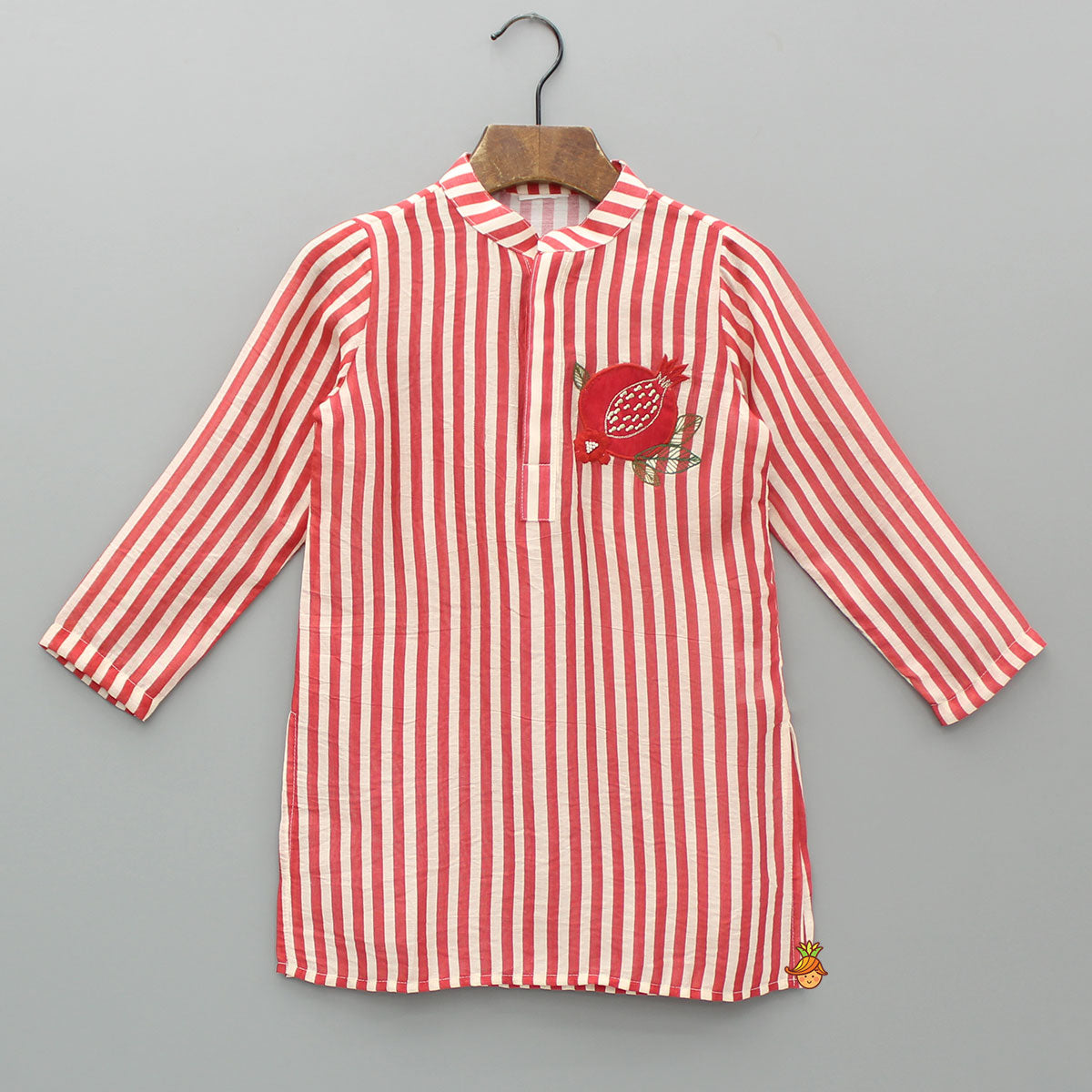 Red Striped Kurta With Embroidered Patch And Pyjama