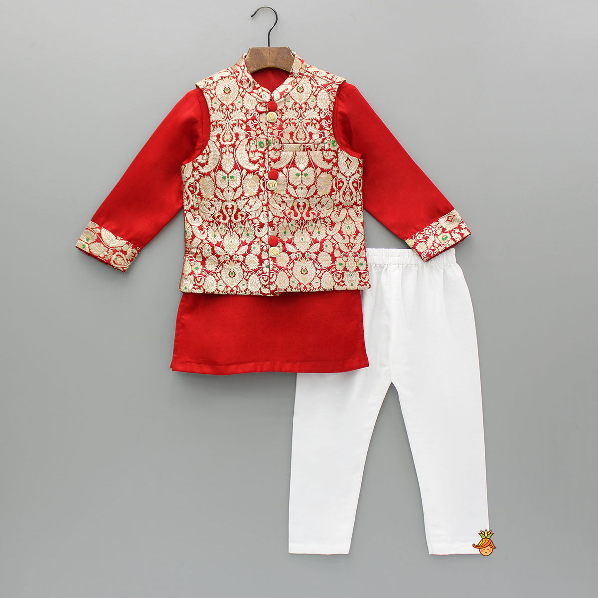 Red Kurta With Brocade Jacket And Pyjama