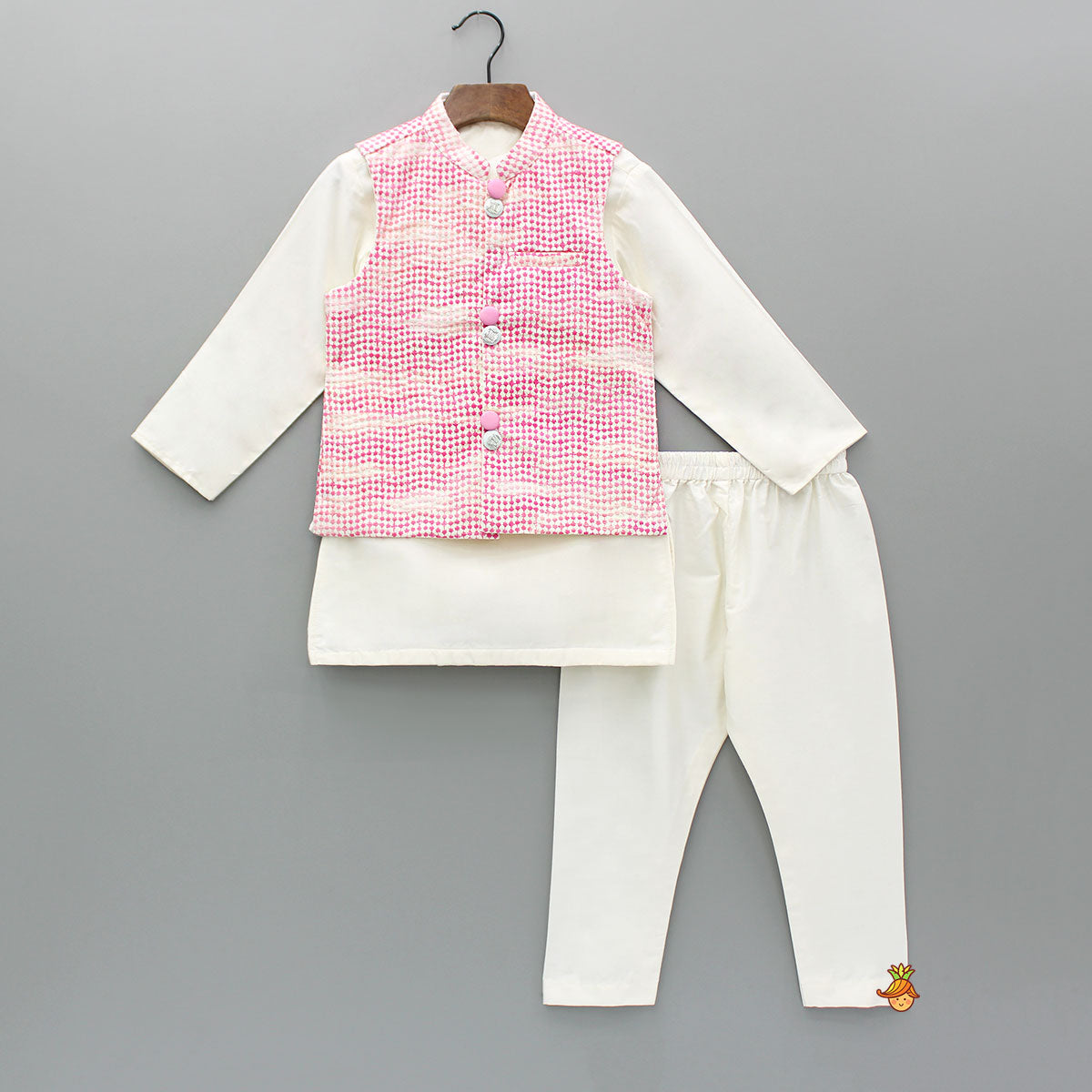 Off White Kurta With Embroidered Jacket And Pyjama