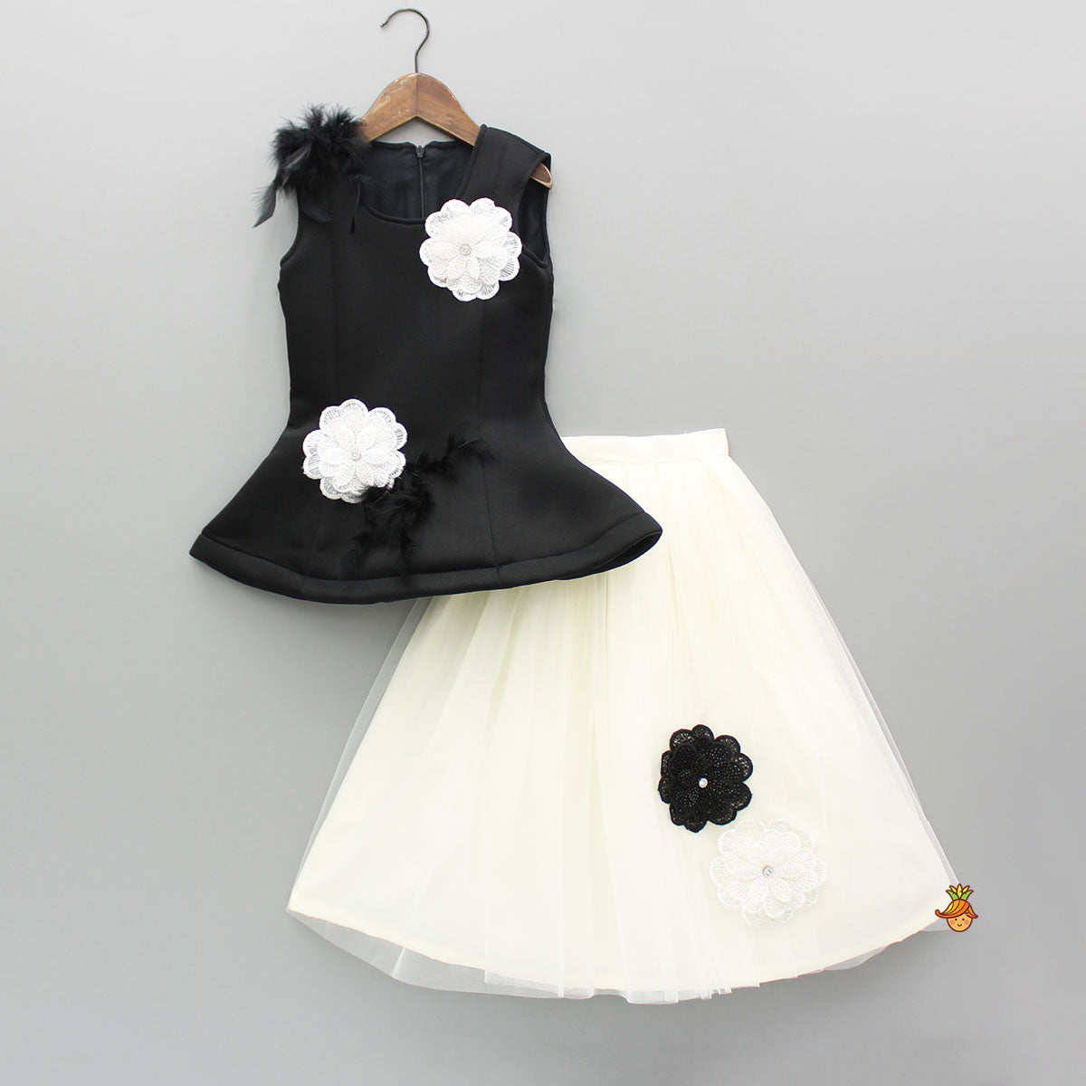 Black Artificial Flowers Embellished Top And Lehenga