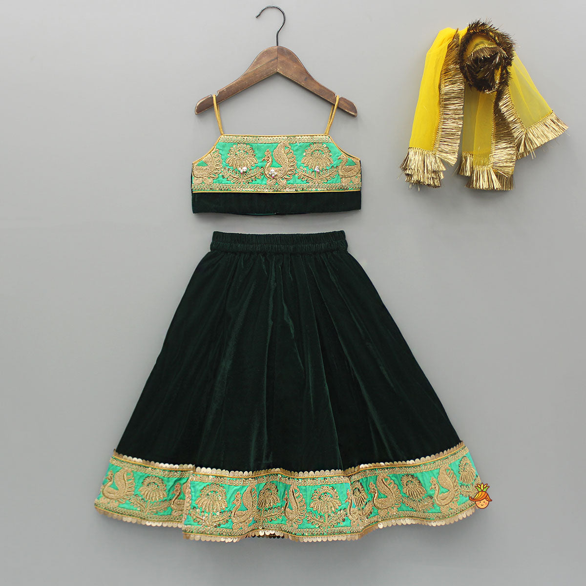 Green Velvet Embroidered Strappy Top And Lehenga With Fringed Dupatta