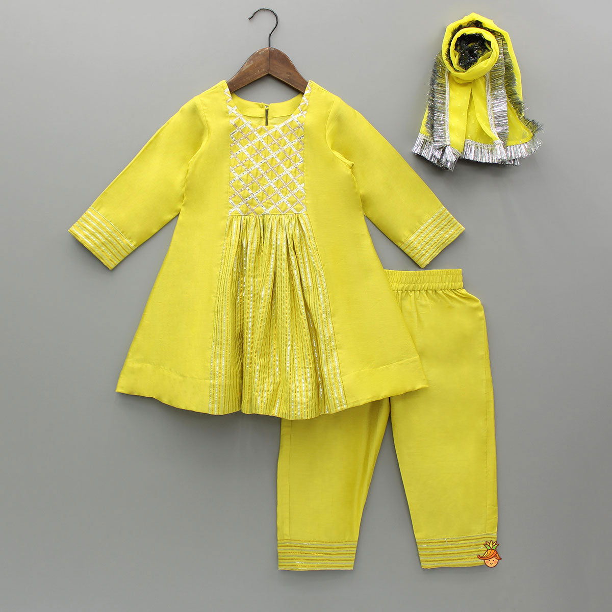 Yellow Kurti With Gota Lace Detailing And Pant With Matching Dupatta