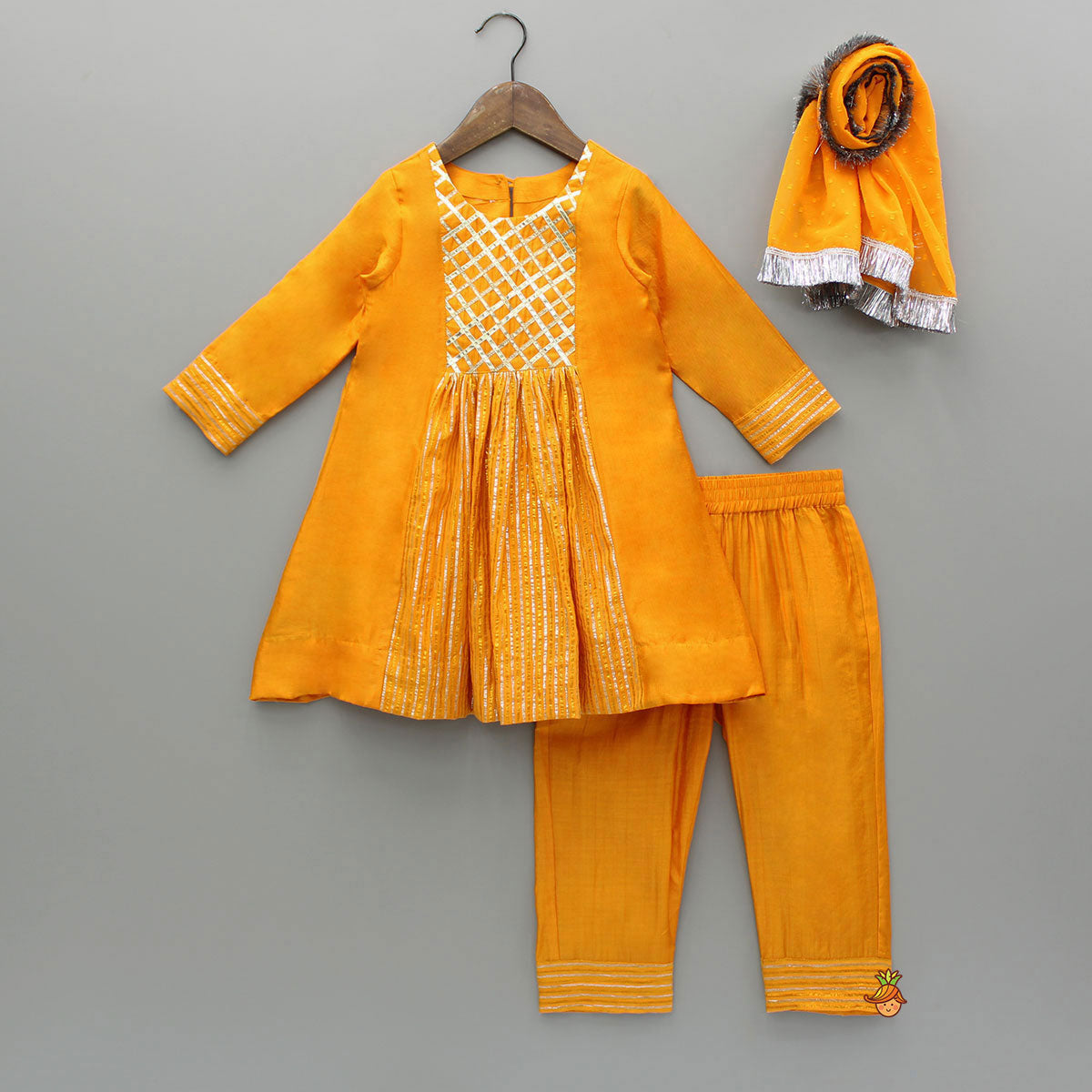 Orange Kurti With Gota Lace Detailing And Pant With Matching Dupatta