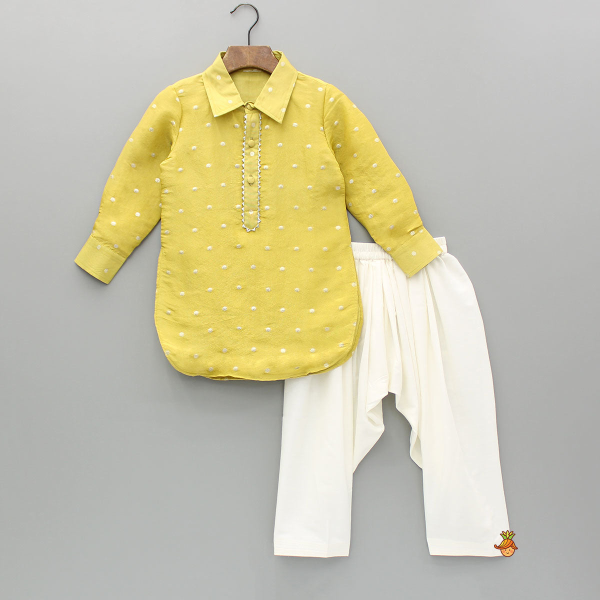 Yellow Embroidered Pathani Kurta And Salwar