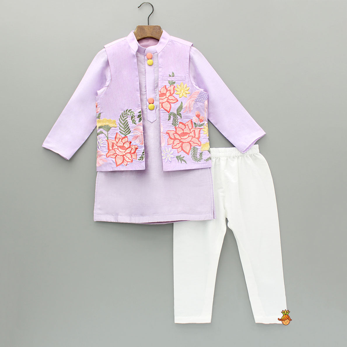 Lavender Kurta With Embroidered Front Open Jacket And Pyjama