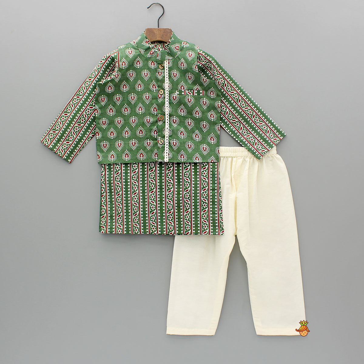 Printed Green Kurta And Jacket With Pyjama