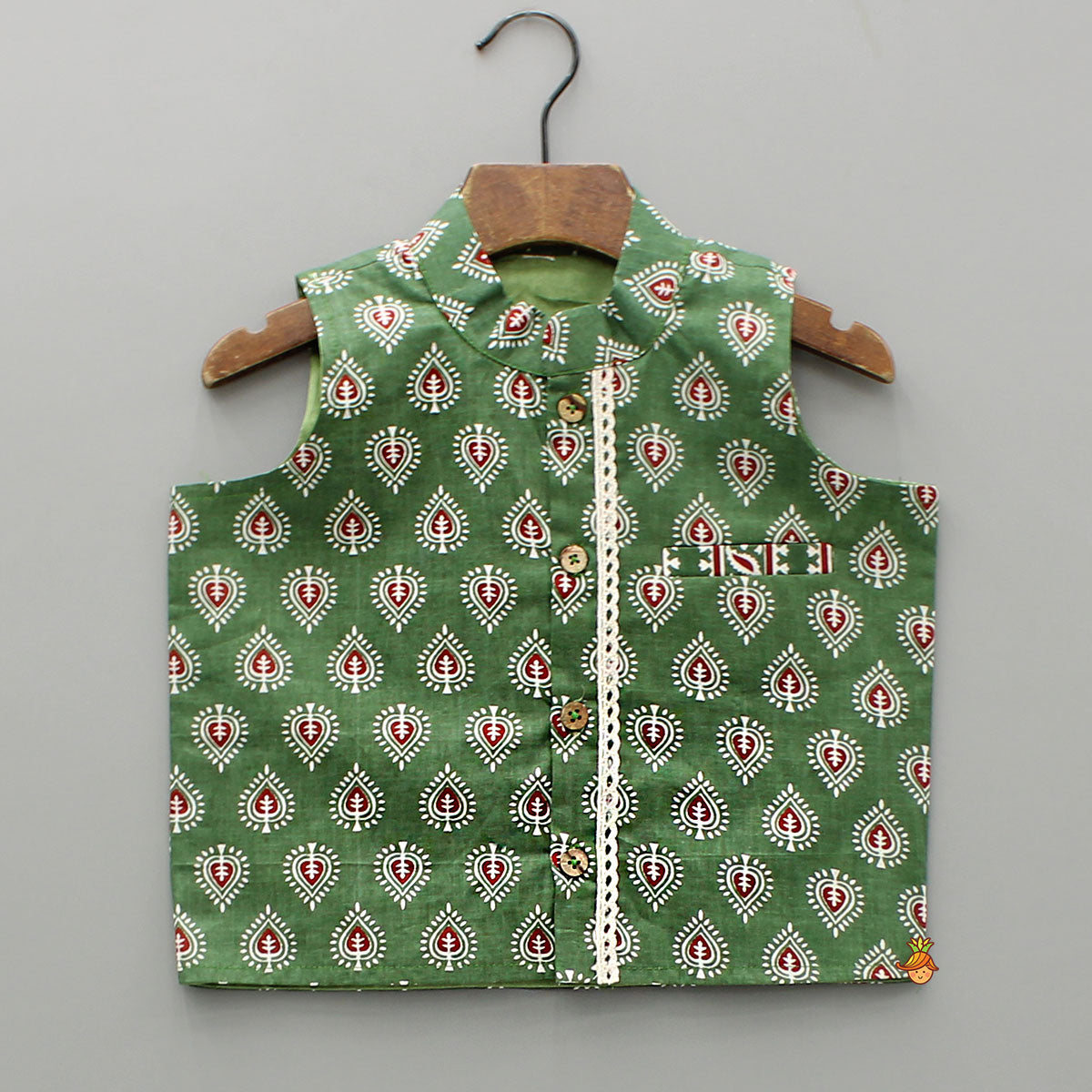 Printed Green Kurta And Jacket With Pyjama