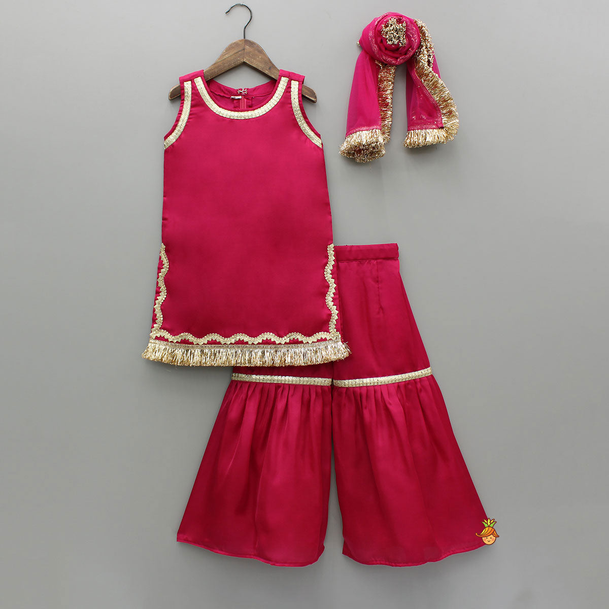 Pink Lace Work Kurti And Sharara With Matching Net Dupatta