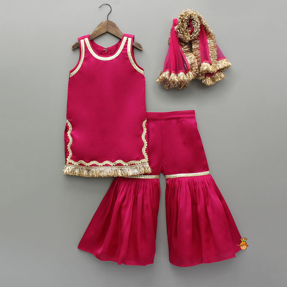 Pink Lace Work Kurti And Sharara With Matching Net Dupatta