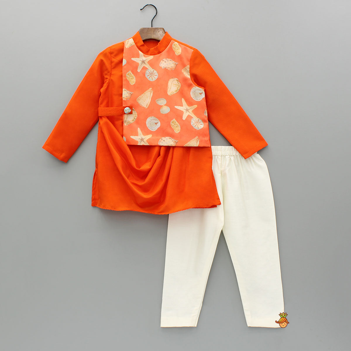 Orange Stylish Draped Printed Flap Kurta And Pyjama