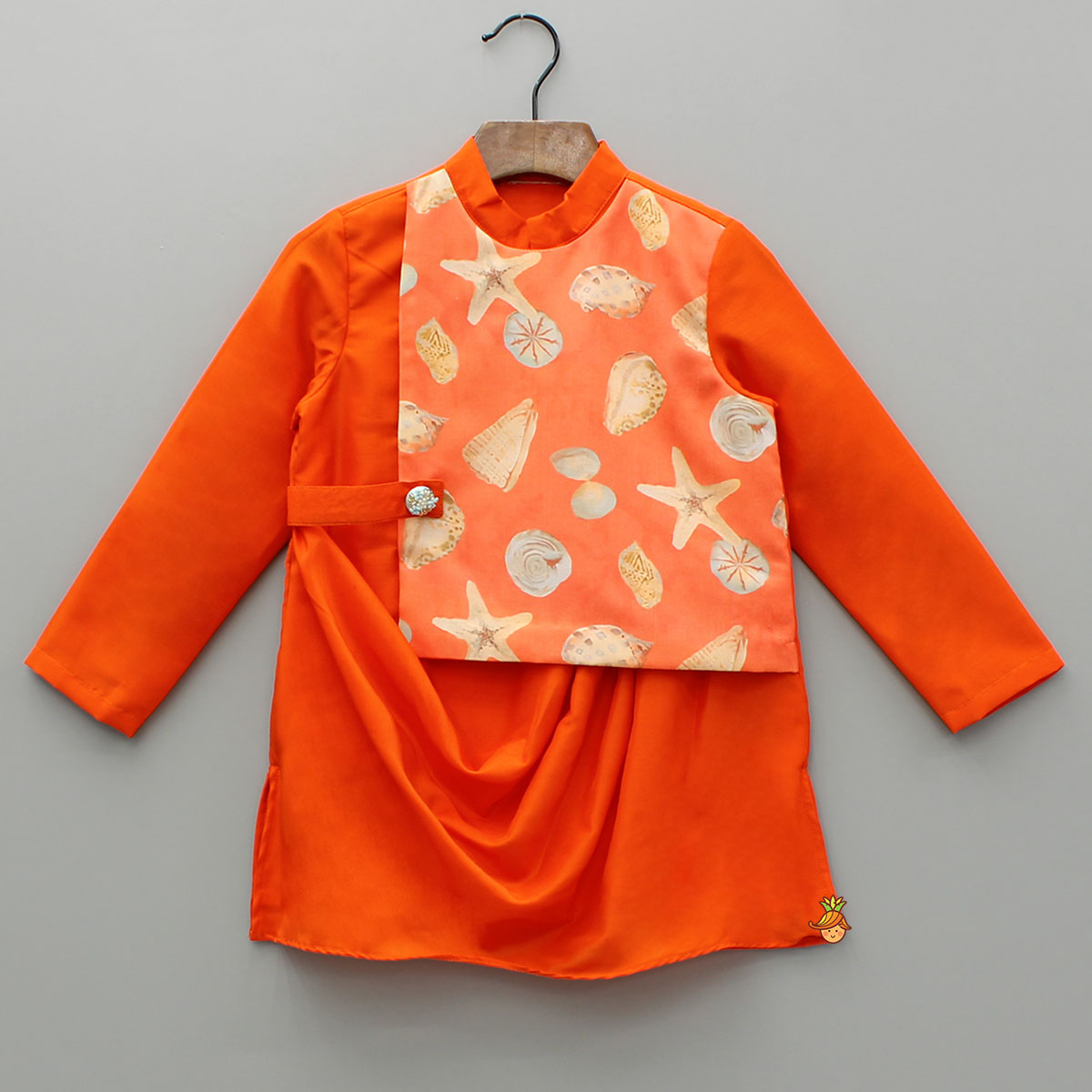 Orange Stylish Draped Printed Flap Kurta And Pyjama