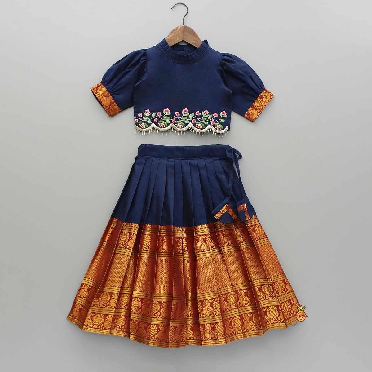 Blue Floral Embroidered Top And Pleated Lehenga