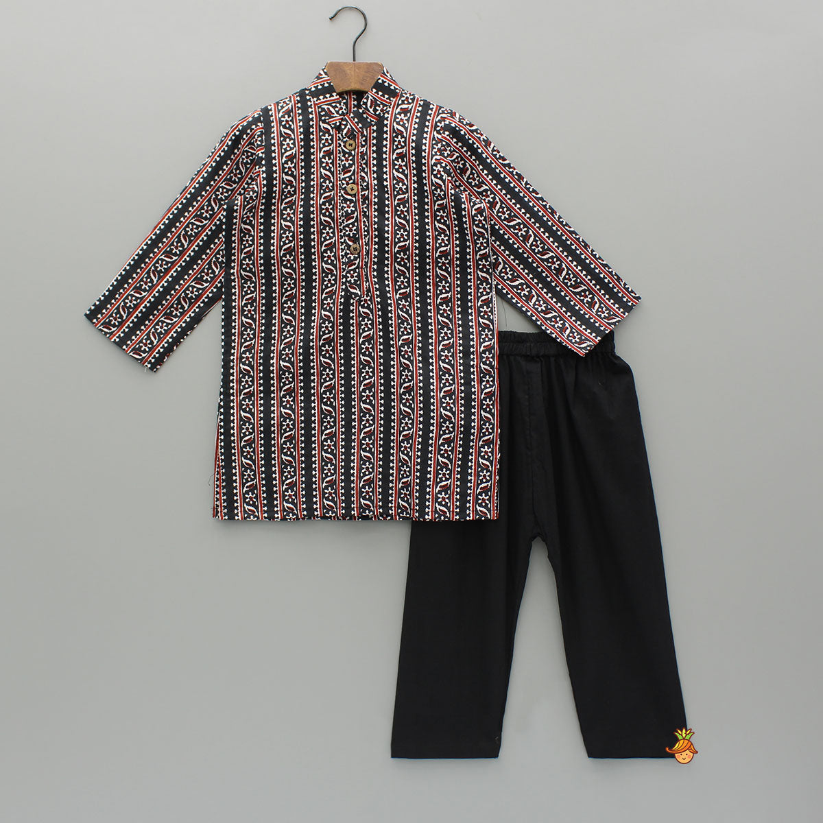 Black Printed Kurta And Jacket With Pyjama