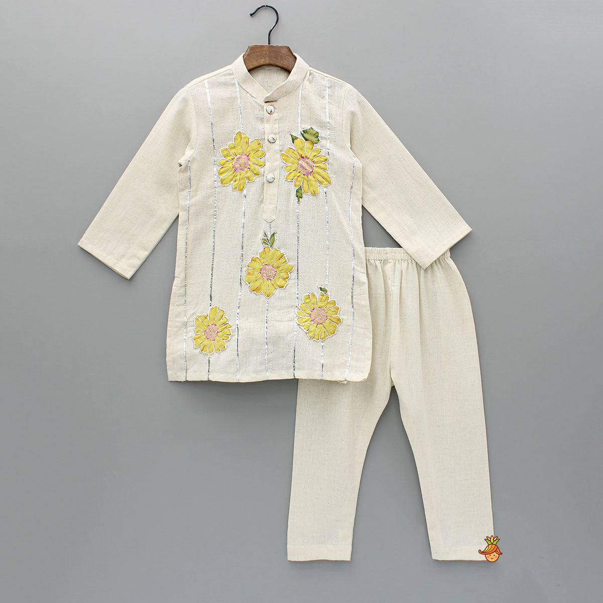 Off White Floral Printed Embroidered Kurta And Pyjama