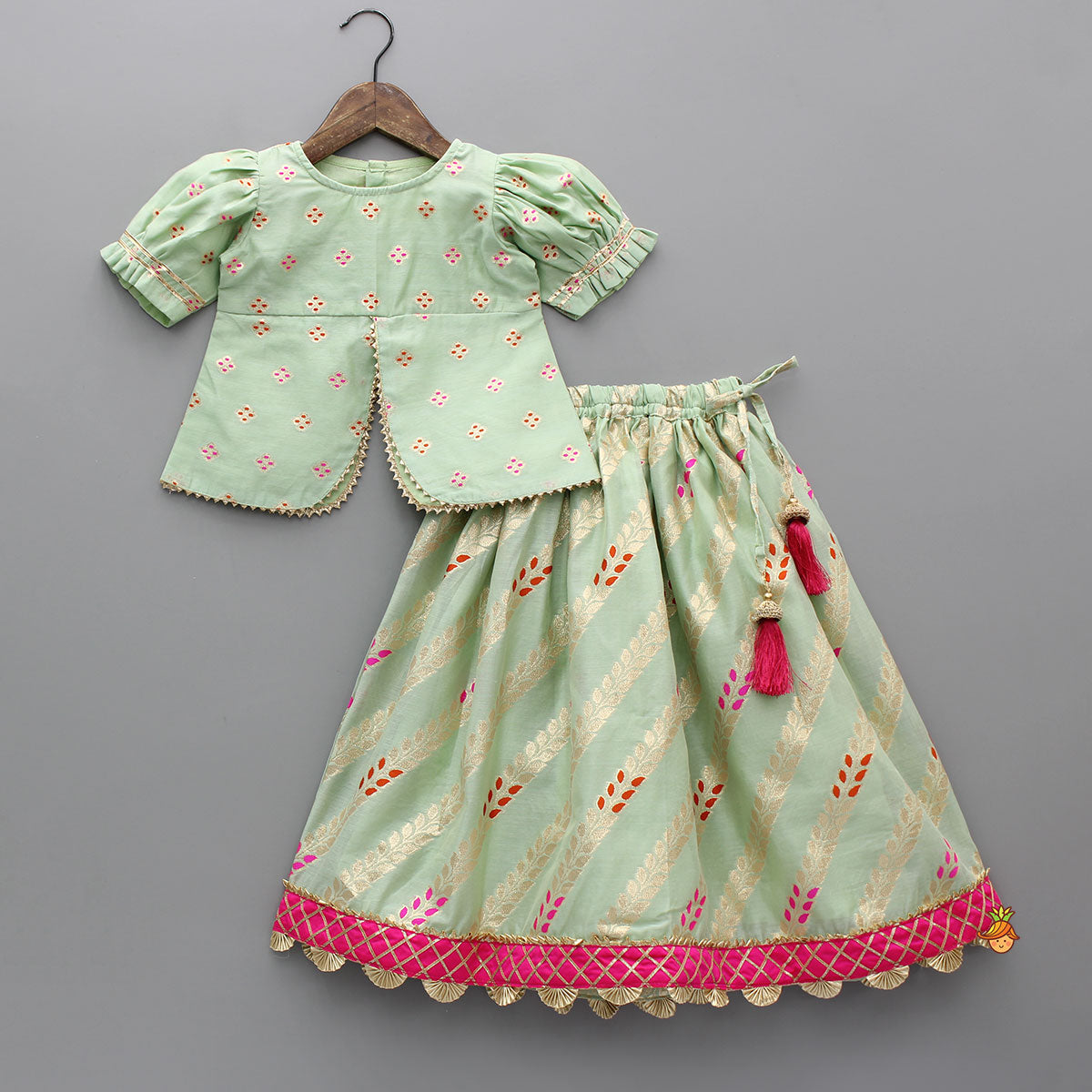 Green Chanderi Embroidered Kurti And Lehenga