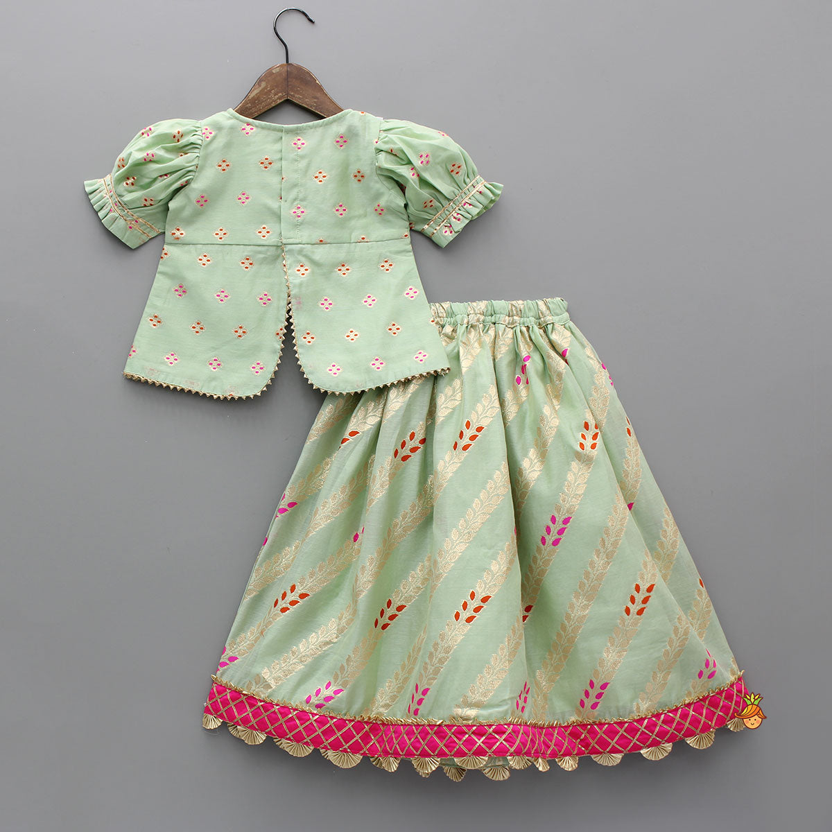 Green Chanderi Embroidered Kurti And Lehenga
