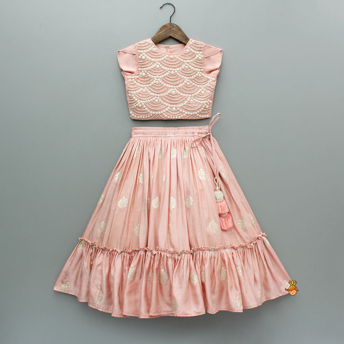 Embellished Peach Top And Brocade Lehenga