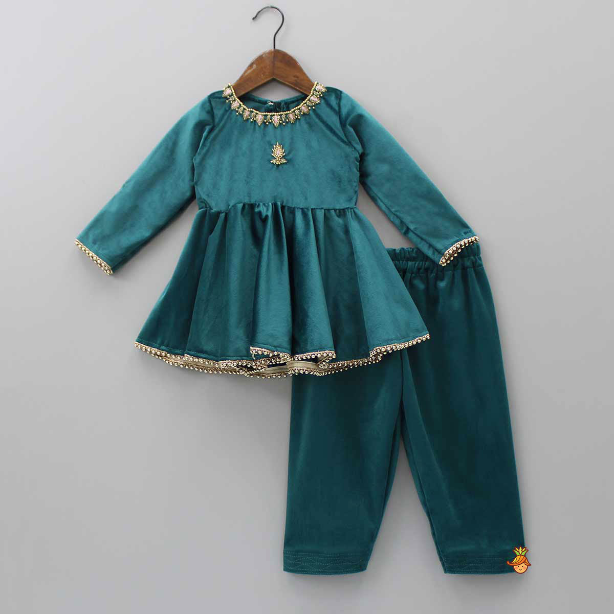 Teal Green Pearls Lace Work Velvet Kurti And Salwar