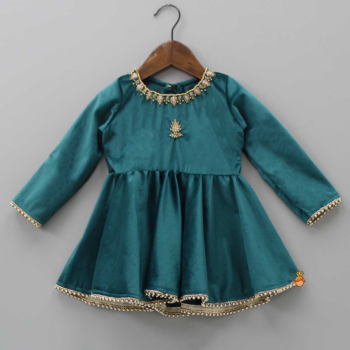 Teal Green Pearls Lace Work Velvet Kurti And Salwar