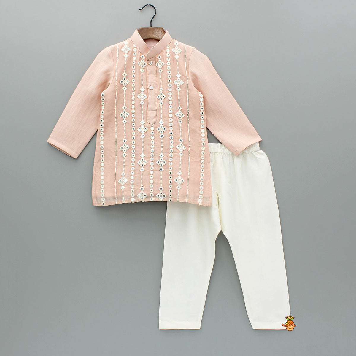 Embroidered Faux Mirror Work Peach Kurta And Pyjama