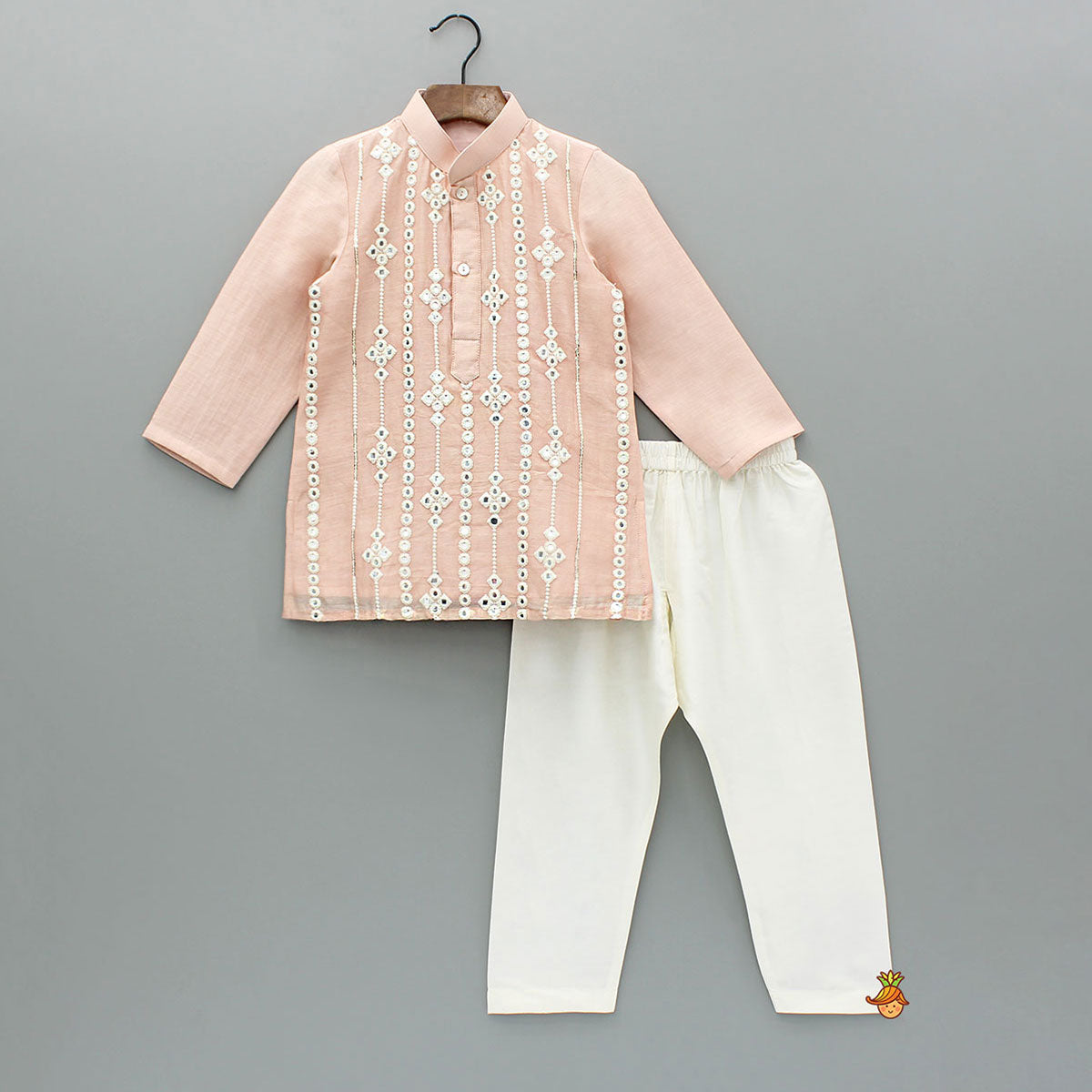 Embroidered Faux Mirror Work Peach Kurta And Pyjama