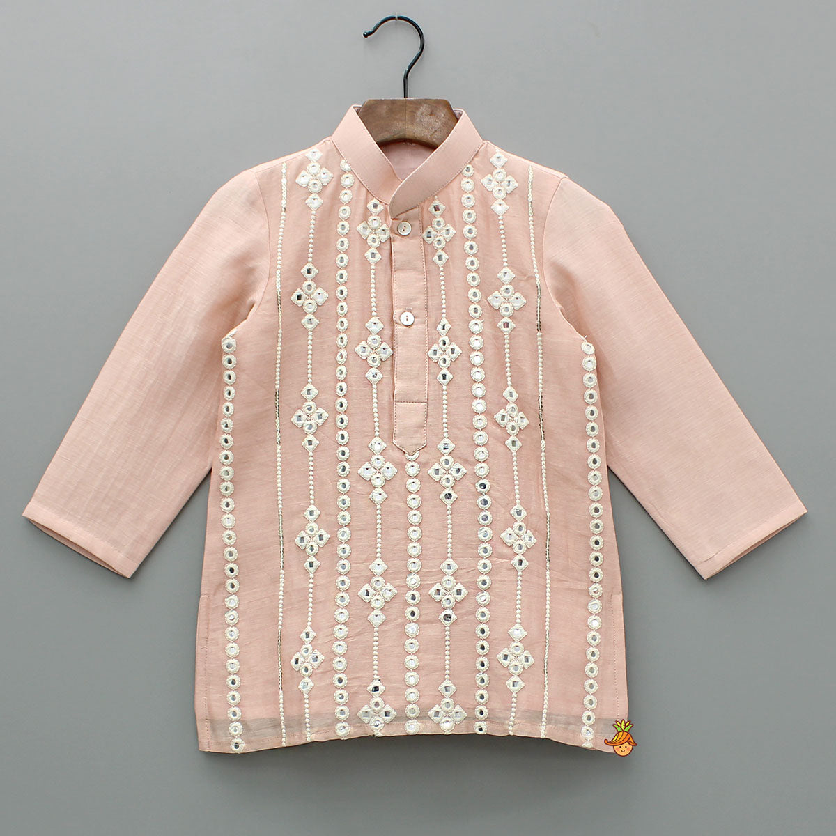 Embroidered Faux Mirror Work Peach Kurta And Pyjama