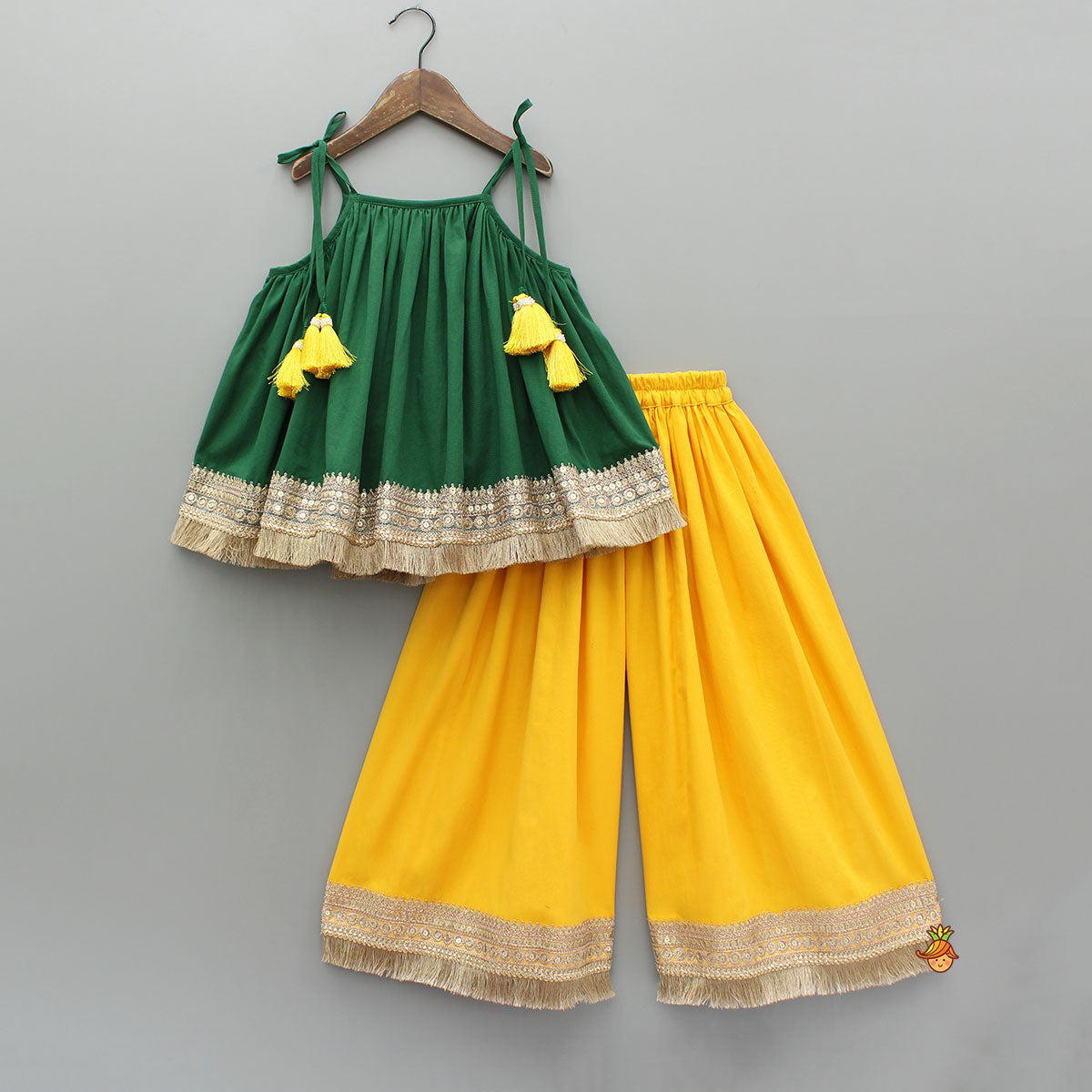 Green Tie Up Strap Top And Flared Palazzo