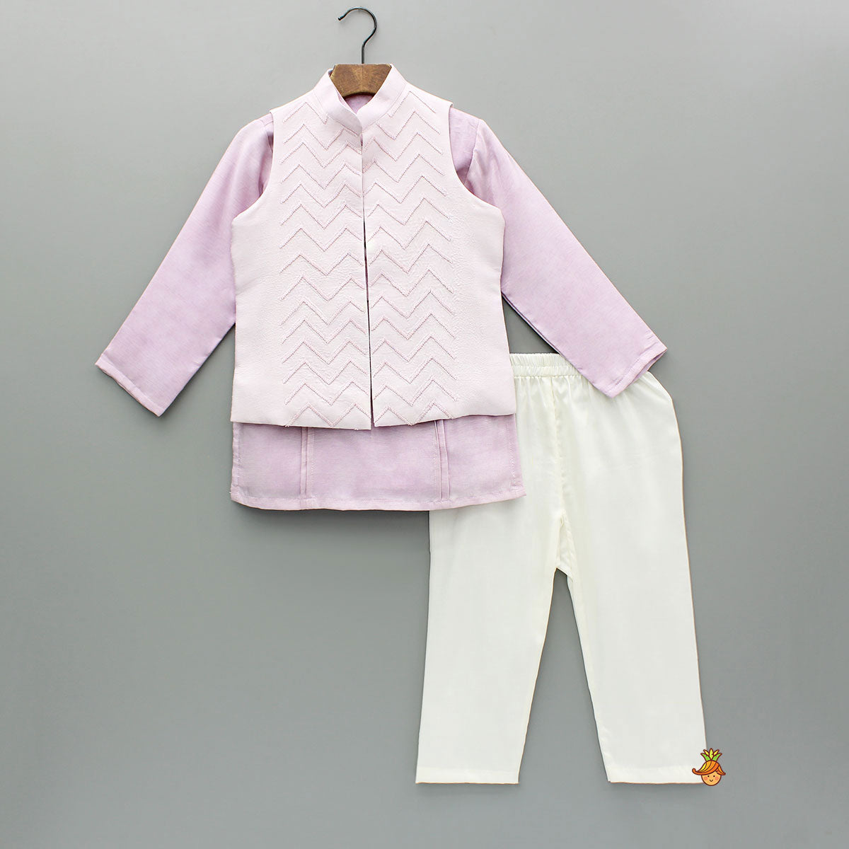 Lavender Pintuck Detail Kurta With Embroidered Jacket And Pyjama