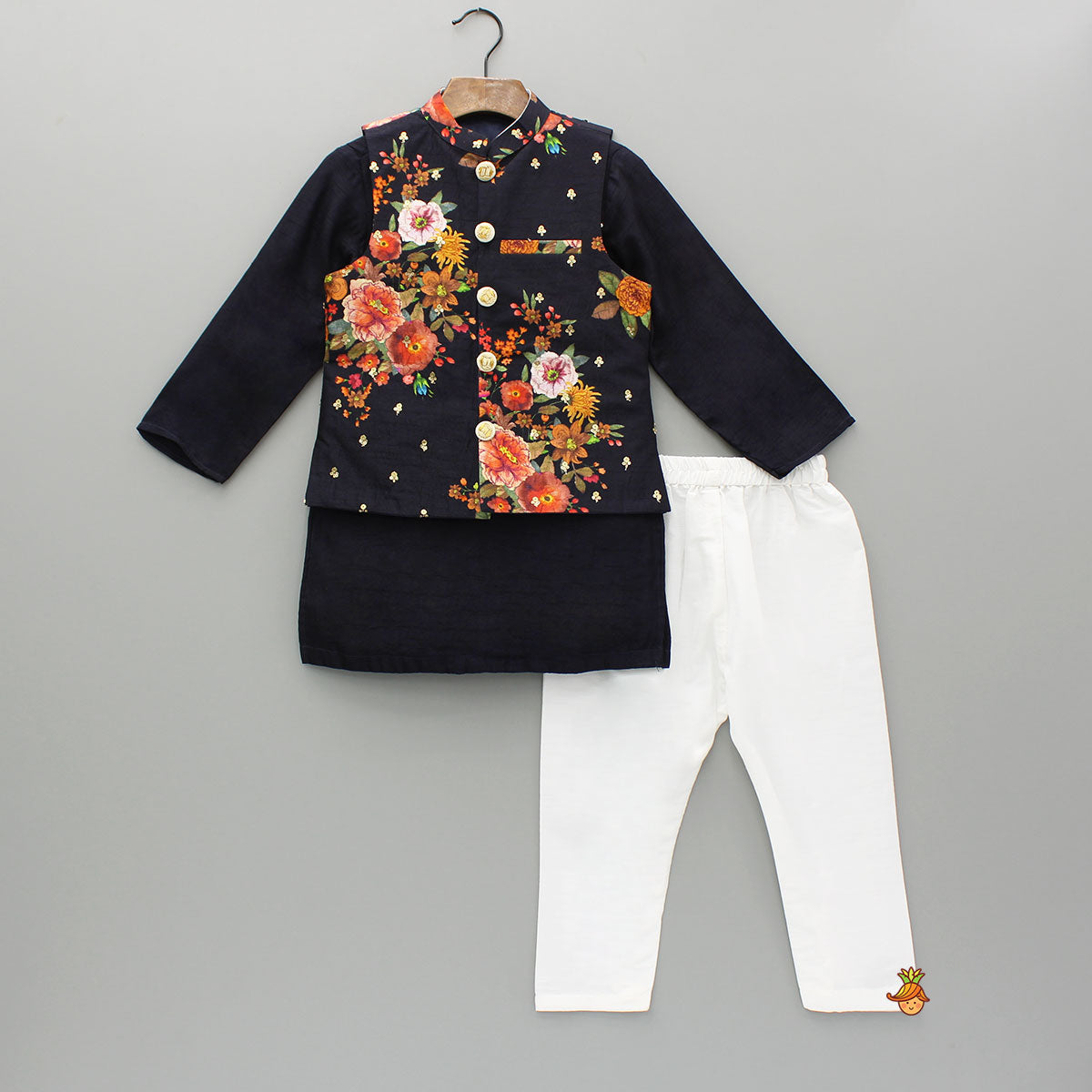 Black Kurta And Floral Printed Embroidered Jacket With Pyjama